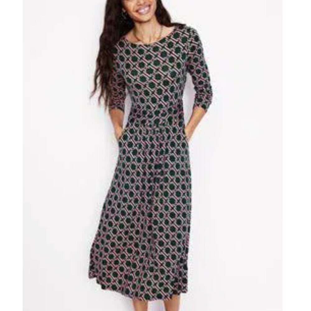 Boden Amelie Long Sleeve Dress Size 16-18 Geometric Jersey Fit Flare